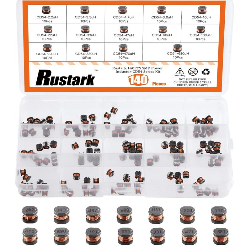 Rustark 141Pcs 14 Values CD54 SMD Power Inductors Assortment Kit with Storage Box 2.2uH - 680uH Chip Inductors 5.8mm Wire Wound Chip - Image 1